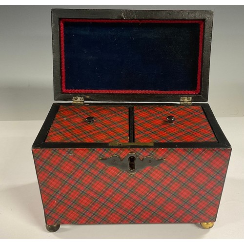 73 - A 19th century domed rectangular royal Stuart tartanware tea caddy; the interior with two lidded com... 