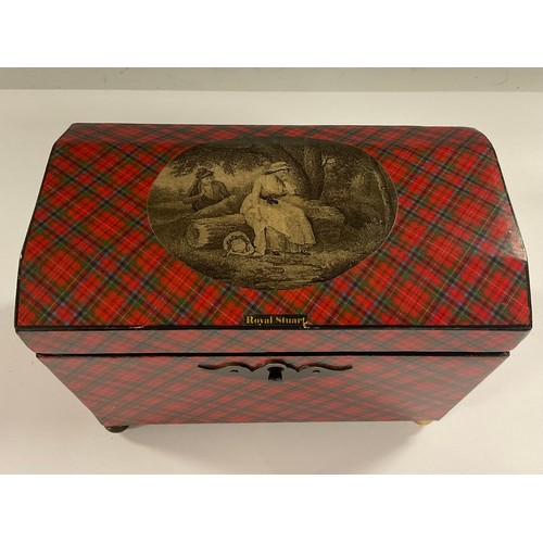 73 - A 19th century domed rectangular royal Stuart tartanware tea caddy; the interior with two lidded com... 