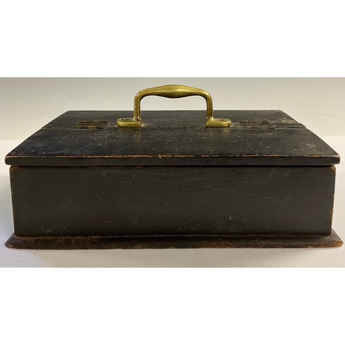 74 - An early 20th century ebonised GPO scribe's box, brass carrying handles, twin-hinged covers, enclosi... 