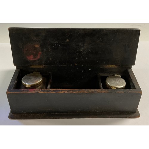 74 - An early 20th century ebonised GPO scribe's box, brass carrying handles, twin-hinged covers, enclosi... 