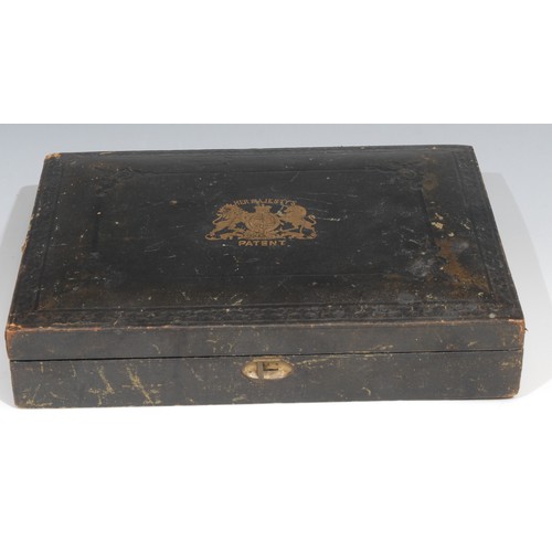 77 - A Victorian rectangular embossed Morocco leather patent document box, with Royal coat of arms in gil... 