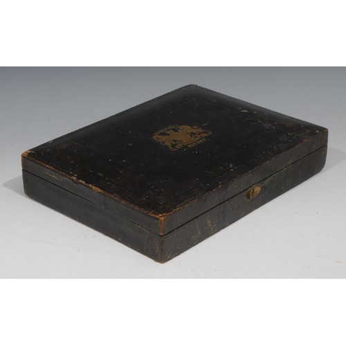 77 - A Victorian rectangular embossed Morocco leather patent document box, with Royal coat of arms in gil... 