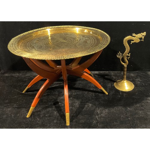 82 - A Chinese brass topped folding table table; a brass lamp stand, as a dragon (2)