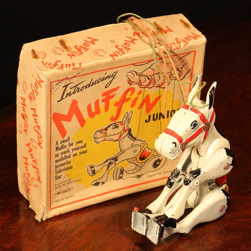 58 - A Moko Lesney Muffin the Mule Junior string puppet, painted white and black metal body with red harn... 
