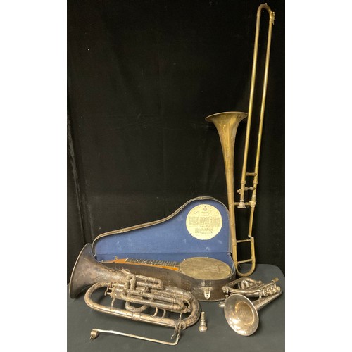 89 - Musical Instruments - a Salvation Army cornet; a Salvation Army horn; a Boosey & Co. trombone; a Joh... 