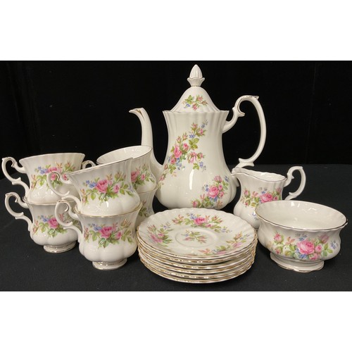 103 - A Royal Albert Moss Rose pattern coffee set, comprising coffee pot, six coffee cups and saucers, cre... 