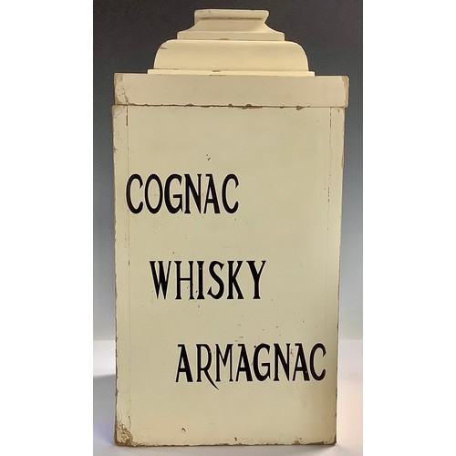 589 - Interior Decoration - a shabby-chic painted bottle box, inscribed Cognac, Whisky, Armagnac, 42cm hig... 