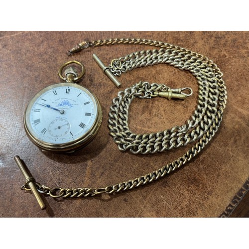 645 - A gold plated Tho's Russell & Son pocket watch, Tempus Fugit, Liverpool, precision, white enamel dia... 