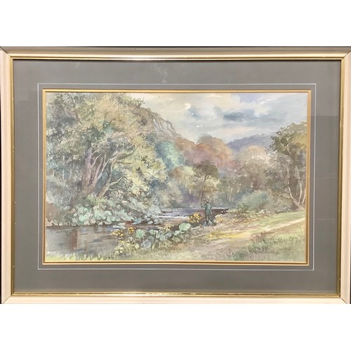 670 - Michael Crawley
Fishing, Cheedale, Derbyshire
signed, watercolour, 26cm x 40cm