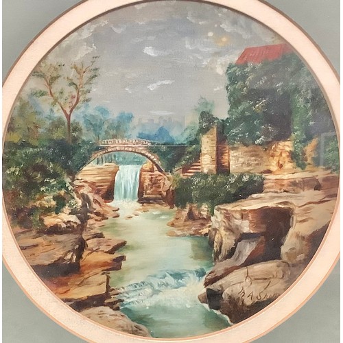 673 - Continental School
Bridge Over Falls
monogrammed, oil on board, 20cm diameter