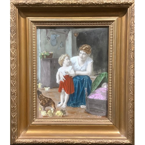 674 - A late 19th century decorative printed tile, hand tinted in bright colours, mother and child in a co... 