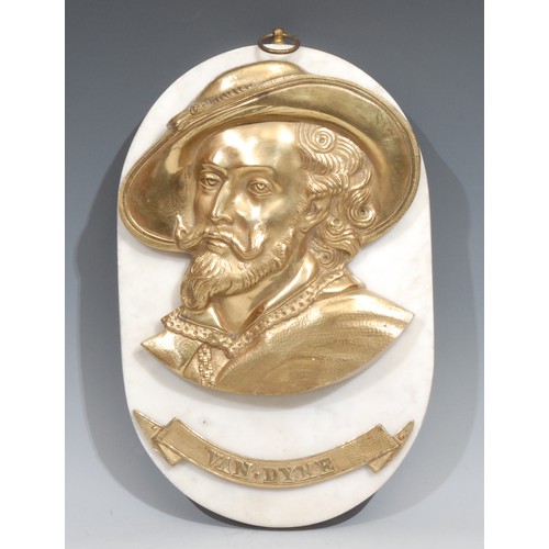 677 - A 19th century gilt brass portrait plaque, depicting Sir Anthony Van Dyke (1599 - 1641), oval white ... 