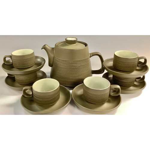 684 - A Denby Chevron pattern teapot, six demi-tasse cups and saucers, c.1960