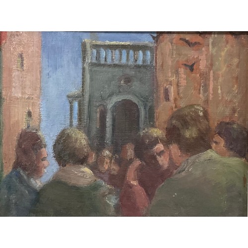 691 - In The Manner Of Bernard Dunstan  
Figures in Conversation  
oil on board, 16cm height x 21cm width