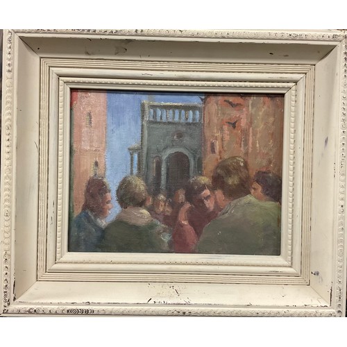 691 - In The Manner Of Bernard Dunstan  
Figures in Conversation  
oil on board, 16cm height x 21cm width