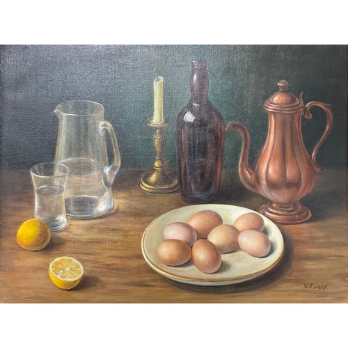 694 - G Evans (20th century)
Still Life Composition of Eggs, Coffee Pot and Candle
signed, oil on canvas, ... 