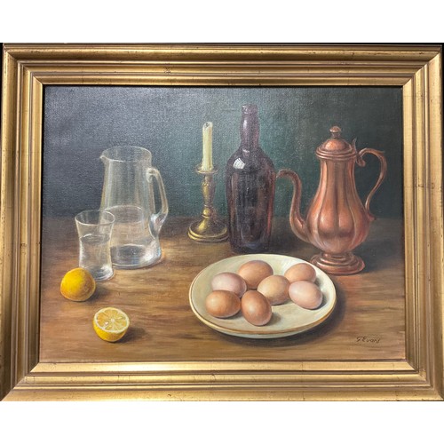 694 - G Evans (20th century)
Still Life Composition of Eggs, Coffee Pot and Candle
signed, oil on canvas, ... 