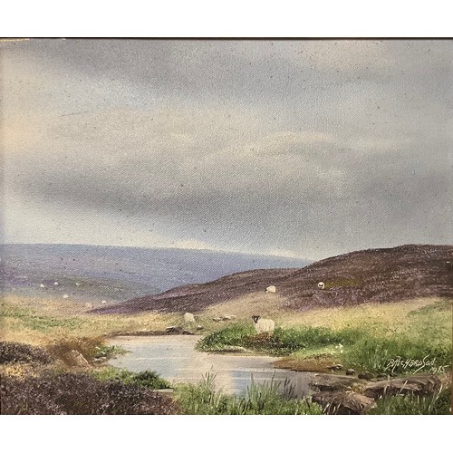 718 - Brian Richardson (late 20th century)
Moorland with Sheep
signed, oil on canvas, 24cm, 30cm;
 an Impr... 