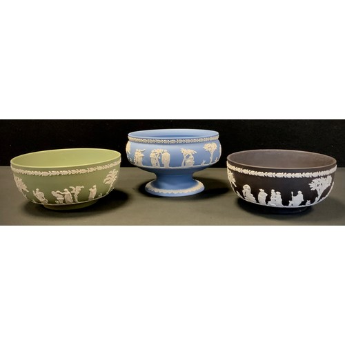 6 - Wedgwood - powder blue jasperware pedestal bowl,  green fruit bowl  another black,22cm, diameter and... 