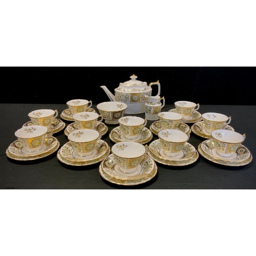 8 - A Royal Crown Derby 'Green Derby Panel' tea service for twelve comprised of; a teapot, milk jug, sug... 