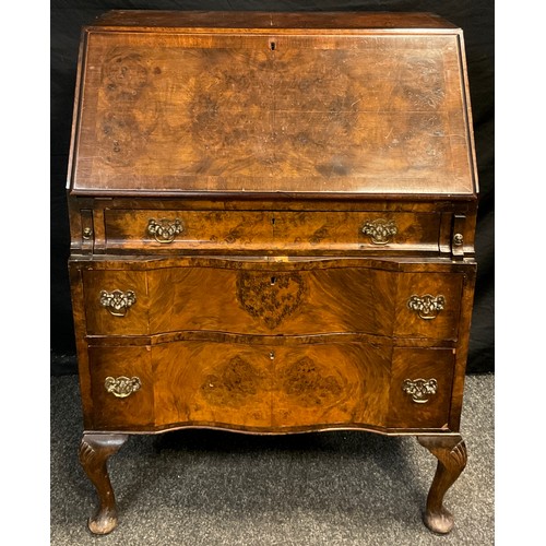 50 - A 19th century style burr walnut veneered bureau, hinged fall door to top, enclosing a fitted interi... 