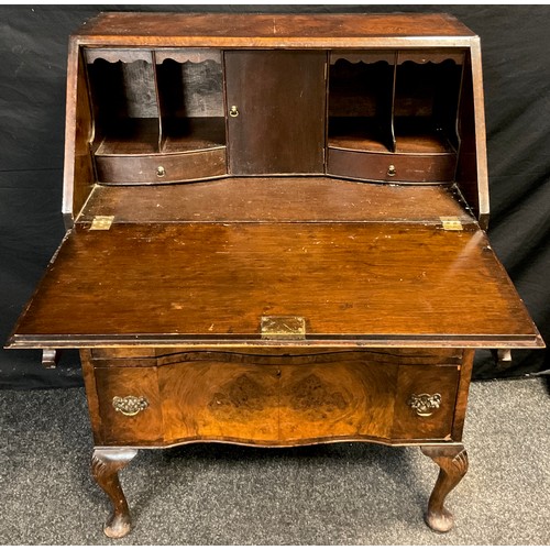 50 - A 19th century style burr walnut veneered bureau, hinged fall door to top, enclosing a fitted interi... 