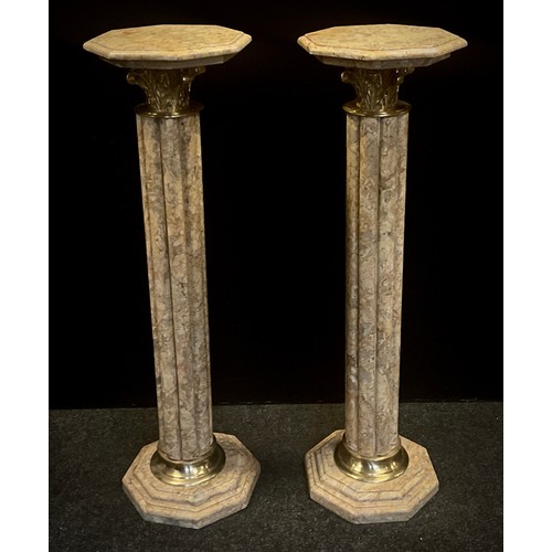 52 - A pair of classical style beige marble columns, octagonal tops, reeded columns, 101cm high x 29cm wi... 