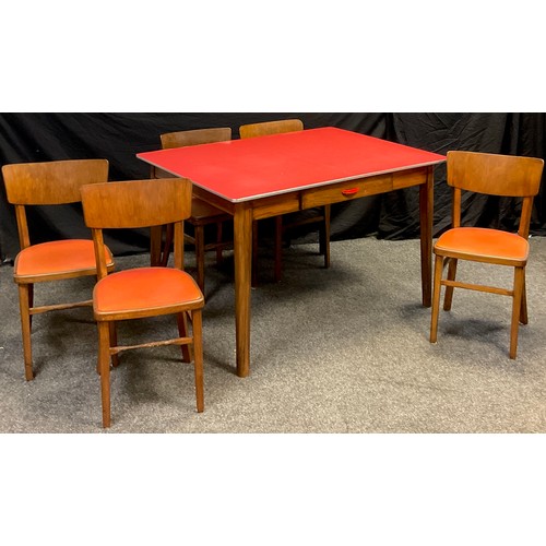 53 - A 1960/70’s Formica top table, 76cm high x 122cm wide x 91cm;  a set of five conforming chairs, (6).