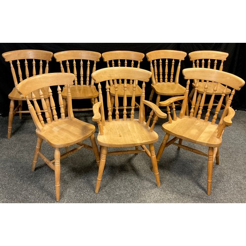 59 - A set of eight beech spindle-back chairs, comprised is six chairs, and two carver chairs, (8).