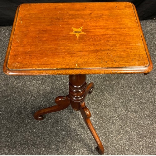 68 - A Victorian mahogany tripod table, rounded rectangular top with 'White Star Line' inspired marquetry... 