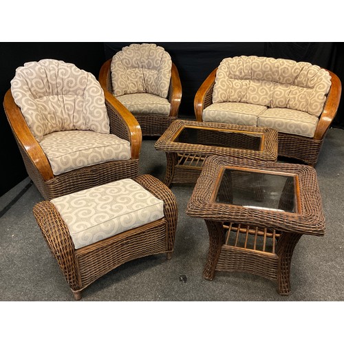 72 - A cane wicker-work conservatory suite - comprised of a two-seat sofa, pair of armchairs, footstool, ... 