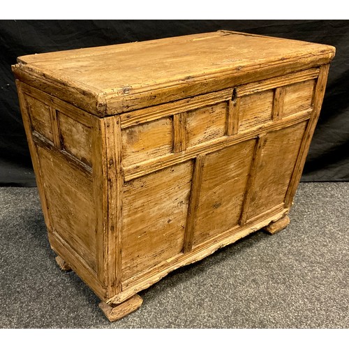 75 - A 19th century Continental distressed pine box, probably French, hinged lid, multi panelled slightly... 