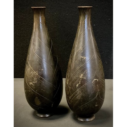 111 - A pair of Japanese brown patinated bronze vases, Meiji period