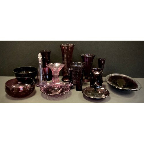 114 - A quantity of Amethyst glass including; vases 19cm-36cm, oval dish, 36cm dia, decanter, bowl, ; etc ... 