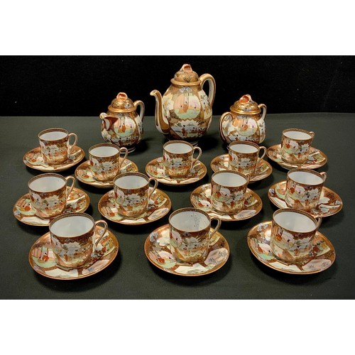 119 - A Japanese egg shell porcelain coffee set for twelve, intricately decorated with panels of figure la... 