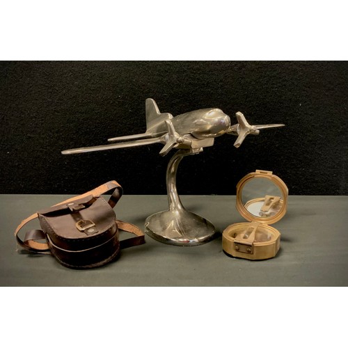 178 - A polished chrome model as a twin engine propeller aircraft,  reproduction Stanley marine compass (2... 