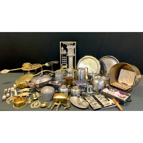 225 - Metal ware - Plate three piece tea set, brassware including jam pan, miniature miners lamp; etc