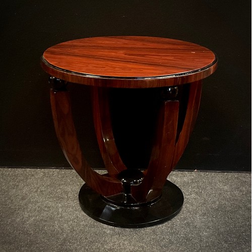 249 - A reproduction Art Deco style occasional table, circular top, cradle-type pedestal base, stepped cir... 