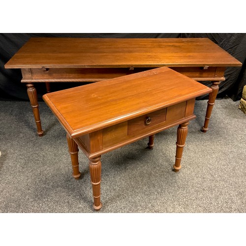 251 - A French provincial style mahogany dining table, 77.5cm high x 190cm long x 82.5cm wide;  and a simi... 