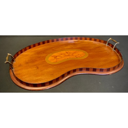 254 - An Edwardian Sheraton Revival mahogany and marquetry kidney shaped gallery tray, c.1905