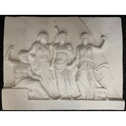 257 - A large plaster plaque, cast in high relief with classical figures, 42cm x 53.5cm;  winged cherub wa... 