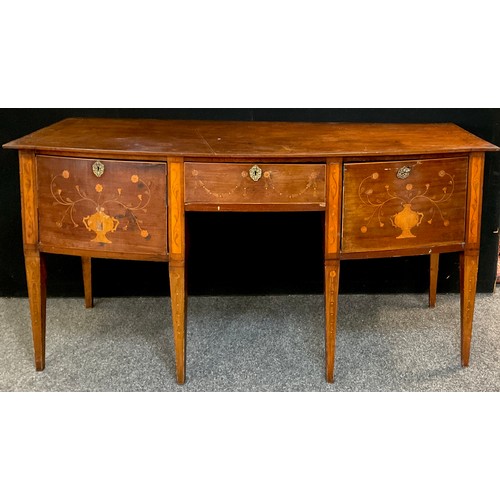 258 - A 19th century inlaid mahogany bow-front sideboard, single drawer to centre, flanked by cellarette a... 