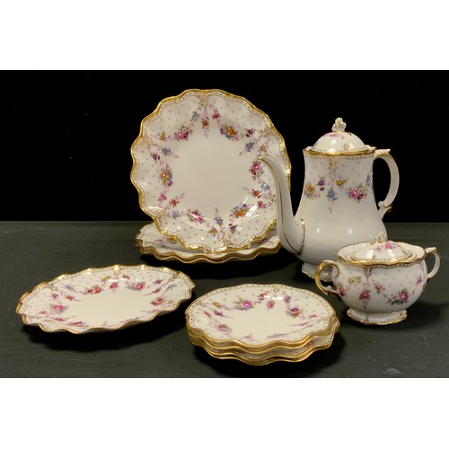 260 - A Royal Crown Derby Royal Antoinette pattern coffee pot, three wavy rim plates, five smaller dished ... 