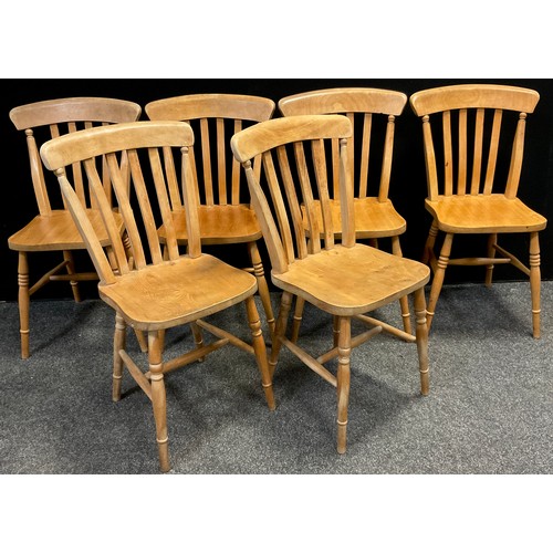 272 - A set of four lath-back farmhouse kitchen chairs, and a further two very similar, (6).