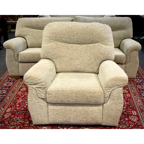 278 - A contemporary three seat sofa, and conforming rise and recline electric armchair, (2).