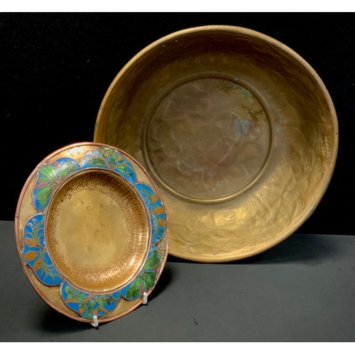 284 - A 19th century English/European enamelled offertory dish, copper and brass body with enamel sections... 