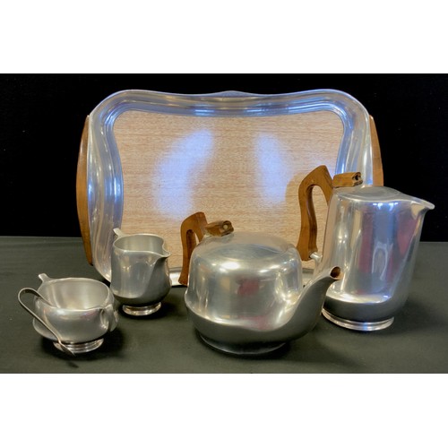 324 - A Picquet ware polished aluminium four piece tea set on tray,34cm wide