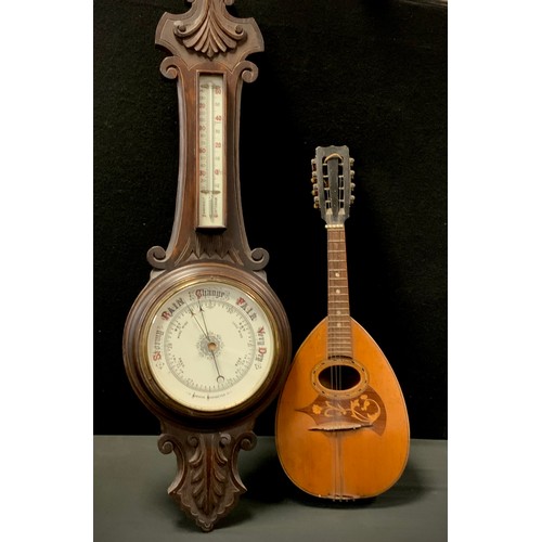 326 - 20th century wooden carved barometer,92cm high; an inlaid Neapolitan bow back mandolin, 61 cm long (... 