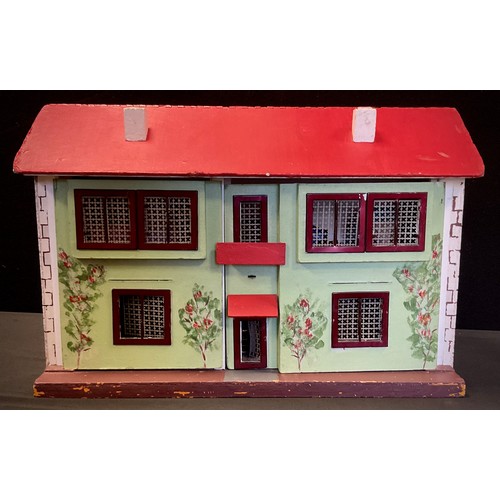 380 - A mid century dolls house, painted green and red, fitted interior, with furniture; etc, 42cm x 63cm ... 