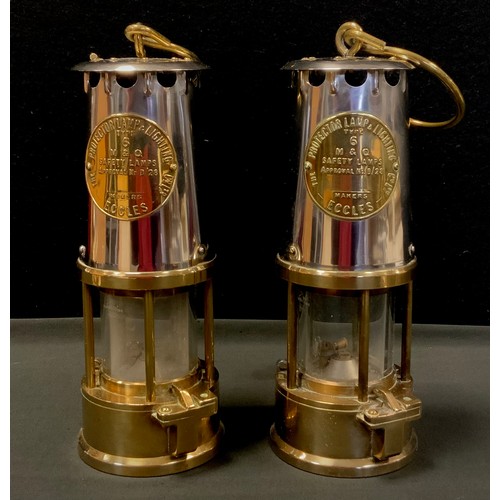 381 - Two brass and steel miners Eccles projector safety lamps (2)boxes